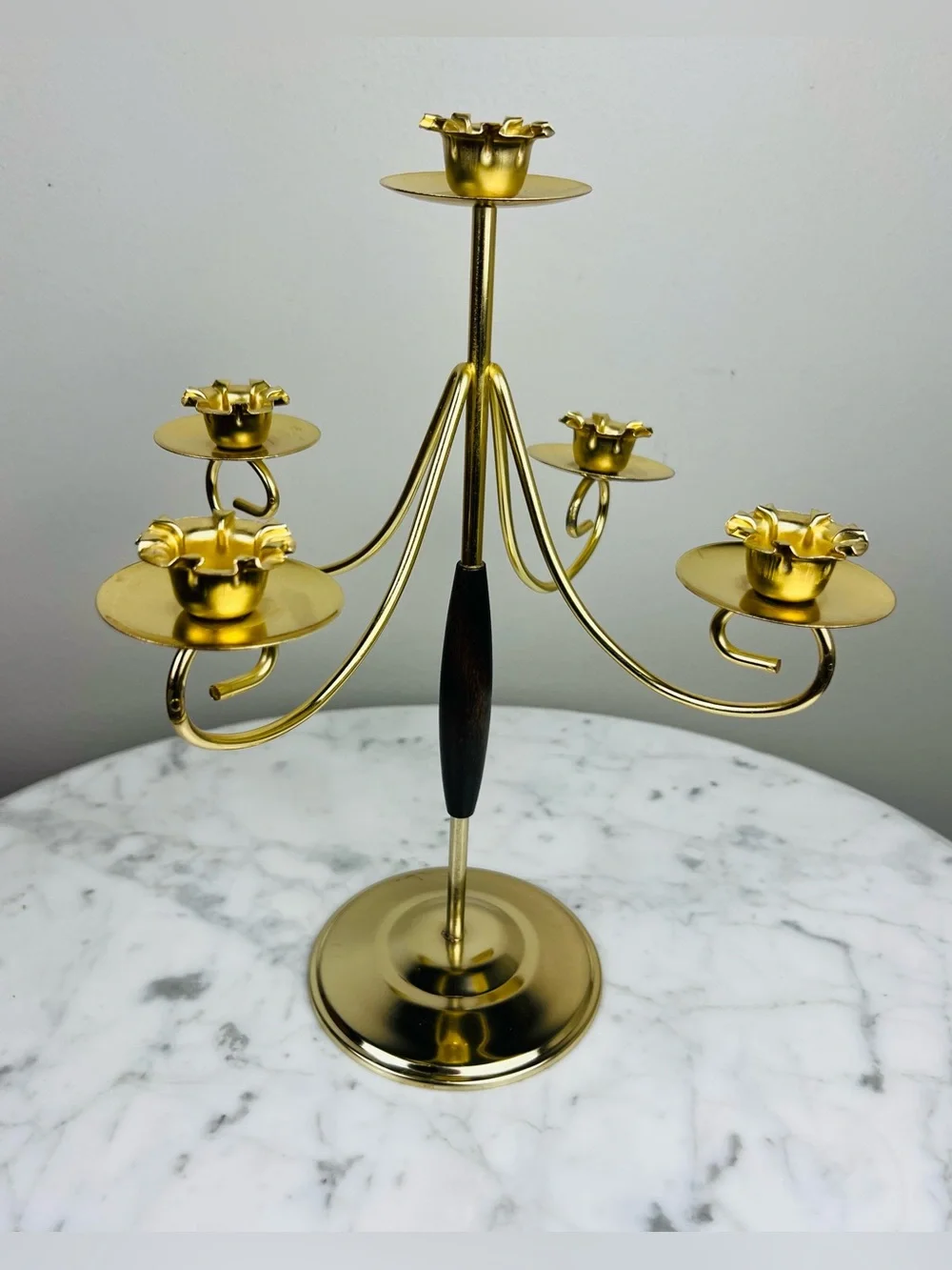 Vintage MCM Mid-Century Modern Brass & Wood Five-Arm Candelabra